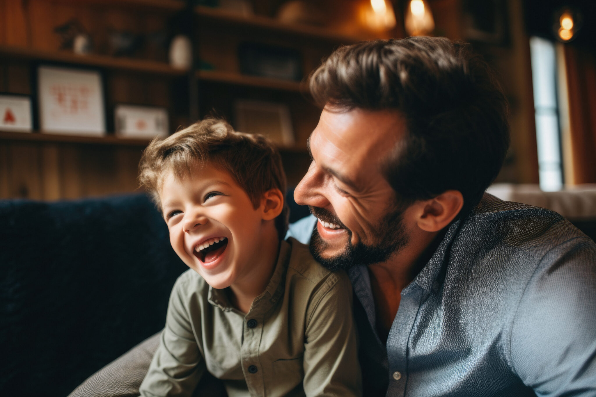 dad and son read a book together and laugh