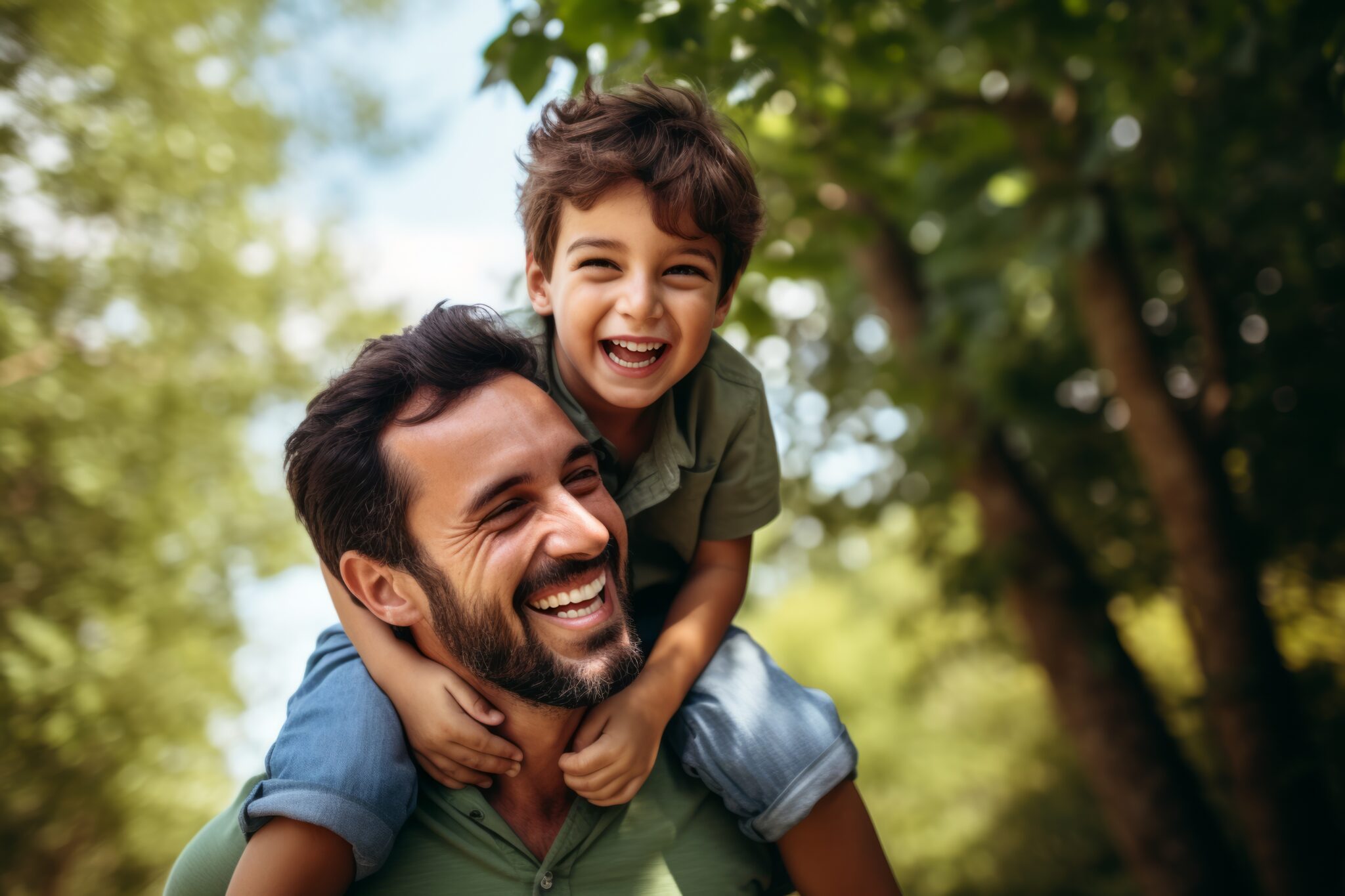 Portrait of a happy father and son having fun in the park. Ai generated.